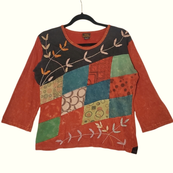 Rising International Embroidered Patchwork 3/4 Length Sleeve Boho Hippie Top - Picture 1 of 7